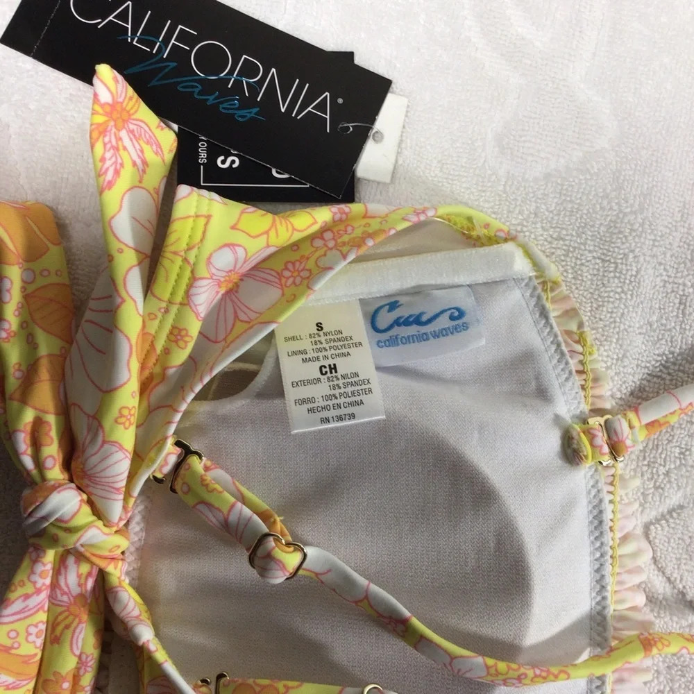 California Waves Yellow Floral Smocked Bandeau Bikini Top - NWT - Picture 5 of 8